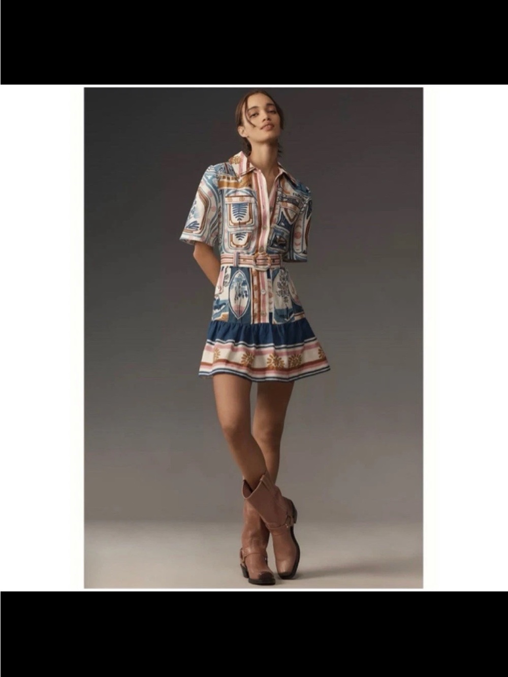 Farm Rio Cerrado Stamps Short Sleeve Belted Linen Mini Dress - Picture 2 of 15